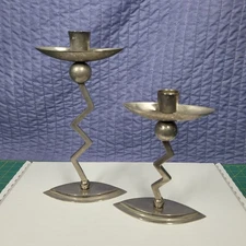Vintage Metal Postmodern Zigzag Candlestick Holder Memphis Style 9" & 7"