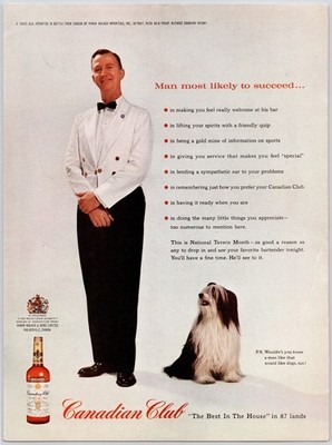Canadian Club Whisky Bearded Collie Dog Bartender Bar Art Vintage Print Ad 1963