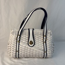 1960's Wicker Mod Handbag White Navy Blue And Brass Trim