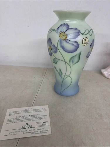 Fenton Sea Mist Green Iridized Floral Hand Painted Glass Vase 1997 Signed *Rare*