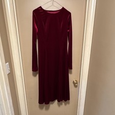 SHEIN Velvet Long Sleeve Midi Dress Red Round Neck Size M
