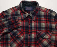 Vintage 1960-70s Pendleton Gray Red Plaid Wool Flannel Made in USA Large Shirt