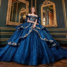 Shiny Quinceanera Dress Glitter Lace Appliques Beaded Layered Sweet 16 Ball Gown