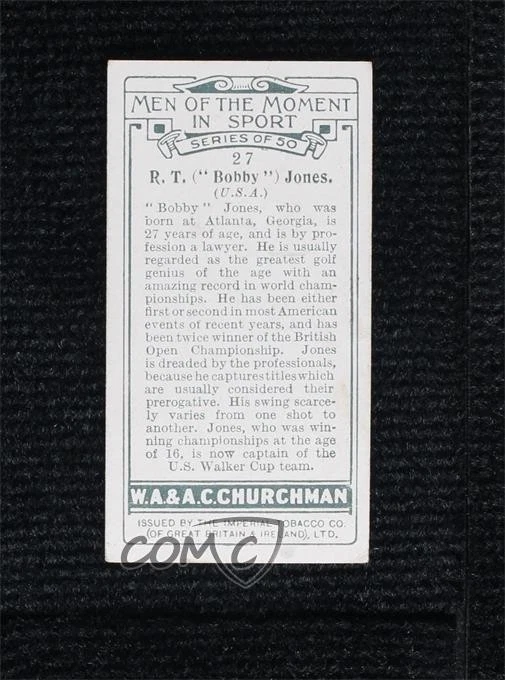 1928 Churchman's Men of the Moment in Sport Tobacco Small Bobby Jones #27 - Image 2 of 2