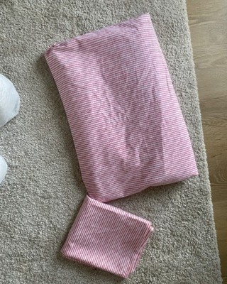 M&S Baumwolle Pfirsich und Weiß Streifen Doppel Bettwäscheset Scandi Home Style 