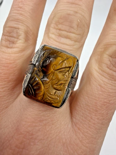 Vintage Ring Mens Tigers Eye Cameo Soldier Roman Signet Sterling 9 Gold plated