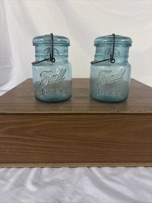 Ball IDEAL Blue Glass Pint Canning Jar Wire Bail w/ Glass Lid Lot of 2