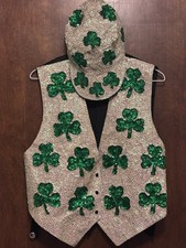 Jc Shamrock St Patrick s Day Sequin Vest Large Clover Green Hat Suspenders