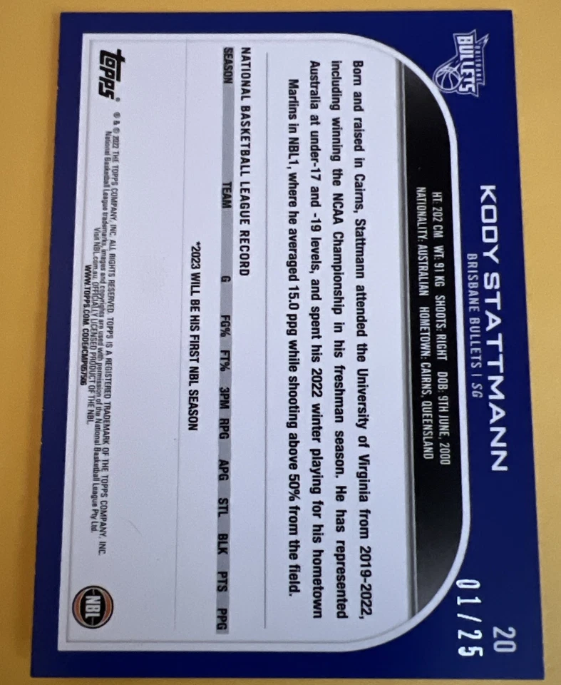 2022-23 Topps NBL Kody Stattmann RC Orange 1/25 Brisbane Bullets #20 - Image 2 of 3