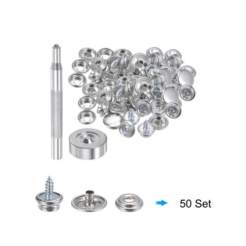 50 Sets Screw Snap Fasteners Kit 10mm Metal Snaps with Tool Silver Tone ...