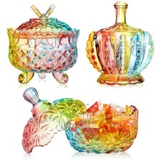 3 Pcs 3 Size 10/9/6 oz Colorful Embossed Glass Candy Jars with Lids, Footed C...