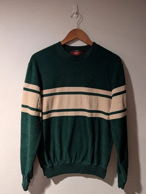 Sudadera de Colección Años 80 Lee Rayas Cuello Redondo Para Hombre Mediana Hecha en EE. UU. Terciopelo Verde - Imagen 1 de 3