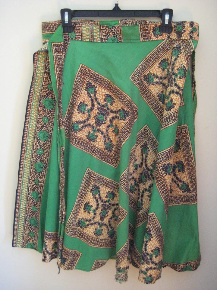 Vintage hippy 80's S M L Apple Green 100% cotton hand block print wrap skirt - image 3 of 4