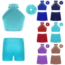 Girls Tracksuit Rhinestones Set Backless Activewear Competition Outfit Ballet