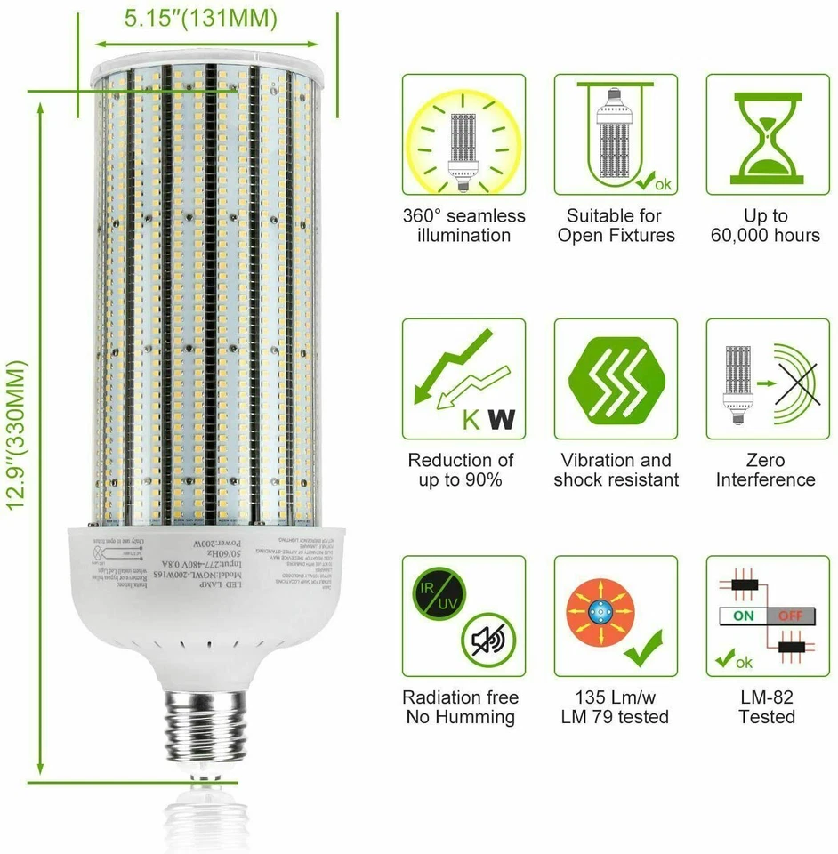 1000W MH Equivalent LED Corn Light Bulb 200W High Bay Garage Lighting 5000K 480V - Image 3 of 4