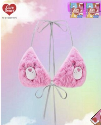 Care Bears PINK BEAR PINK FUR Bra Silver Strap Top Size M-S Festival Rave Party