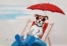 Modern Style Dog, Vacation Time 24x36 Hand painted on Giclee Canvas