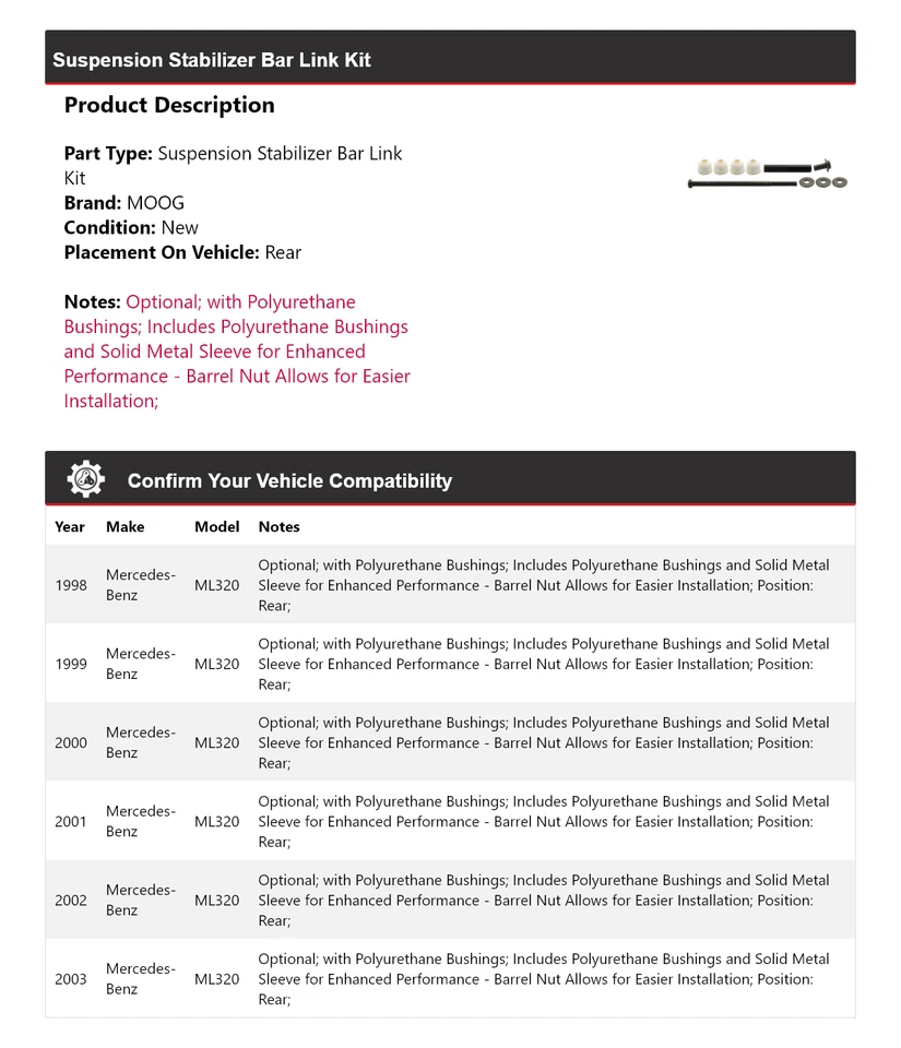 Kit de eslabones de barra estabilizadora de suspensión trasera MOOG para Mercedes-Benz ML320 1998-2003 Foto 2 de 4