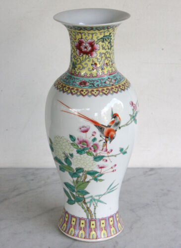 Vase en porcelaine fleur fleur style rose chinoise deux oiseaux JOLI - Photo 1/11