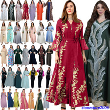 Women Long Sleeve Maxi Dress Muslim Abaya Dubai Kaftan Islamic Party Gown Robe