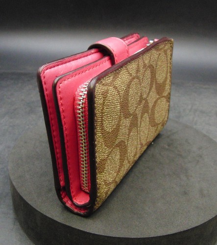 Cartera Coach Plegable Marrón Lona Rosa Cuero Interior Cremallera Alrededor Tarjetero - Imagen 10 de 12