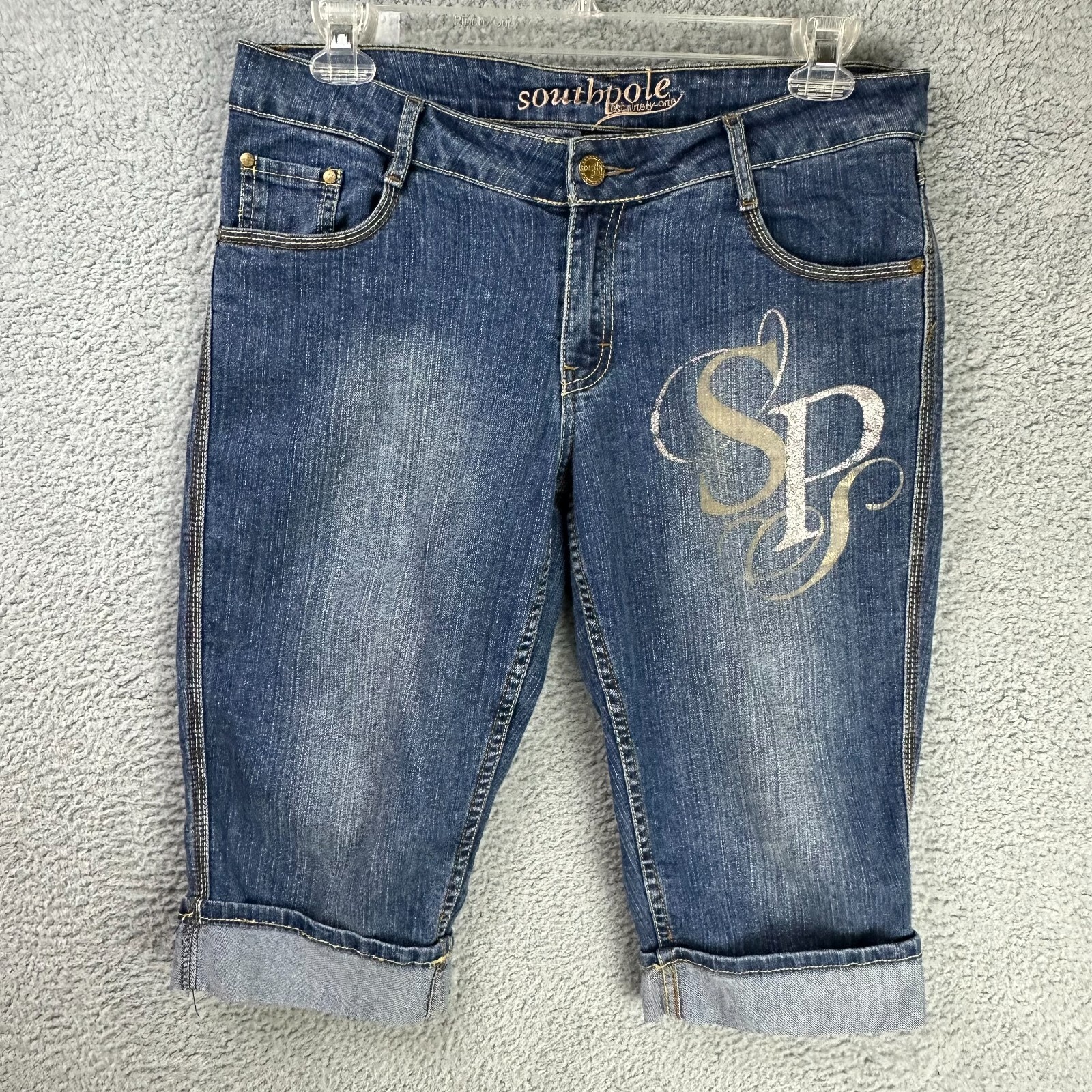 Southpole Womens 35 Denim Studded Cuffed Stretch Shorts Y2K Vintage-image