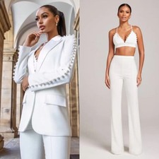 Women's Pearl Bead Suits Peak Lapel Single Breasted Fashion Casual 2 Pcs