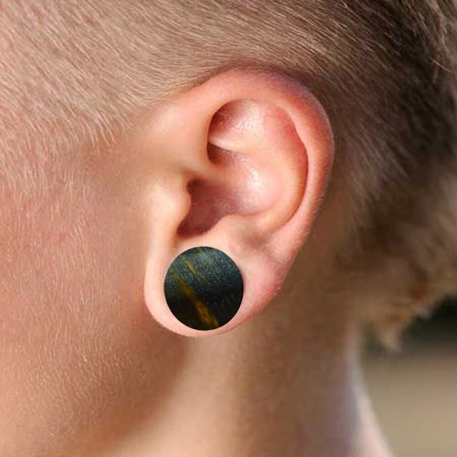 Pair of Natural Blue Tiger Eye Saddle Plug Double Flare Ear Lobe Plugs - Picture 3 of 4