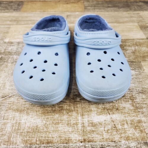 Crocs Classic Lined Kids Clogs Sz 6 J6 Blue Calcite Fuzzy Round Toe Slip-On Shoe - Picture 4 of 9