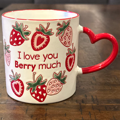 I Love You Berry Much Valentines Day Mug with Heart Shaped Handle - NEW