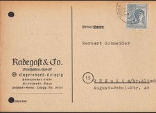 ENGELSDORF-LEIPZIG, Postkarte 1947, Radegast & Co. Briefhüllen-Fabrik