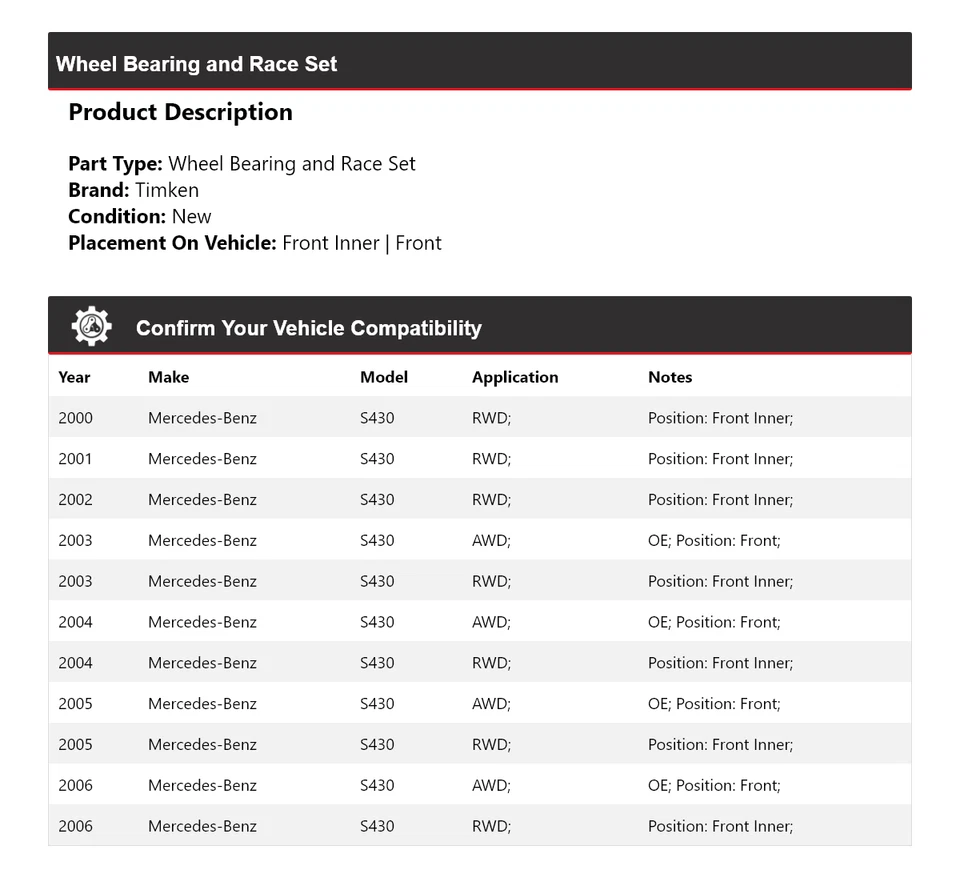 Juego de cojinetes de rueda y carreras Timken 2001 2002 para Mercedes-Benz S430 2000-2006 Foto 2 de 4