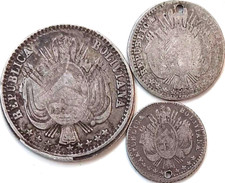 Bolivia Silver Coin Lot: 18?4 1/20 Boliviano, 1865 1/10 Bol., 1864 1/5 Boliviano