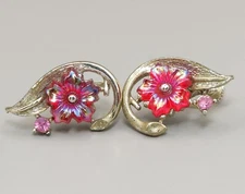 Vintage Cora Clip on Earrings Red Iridescent Flower Rhinestone Gold Toned Leaf