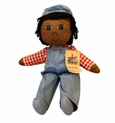 VTG African Ashanti Plush Doll 1988 Boy Blue Overalls Hat Original Tag RARE 17 