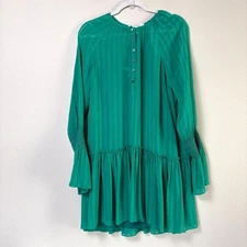 Derek Lam 10 Crosby Crinkled Striped Mini Dress Size 8 Green Silk Long Sleeves