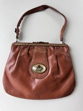 Vtg LEATHER Clutch Handbag Purse Floral Buckle Camel Color Genuine Calf Antique
