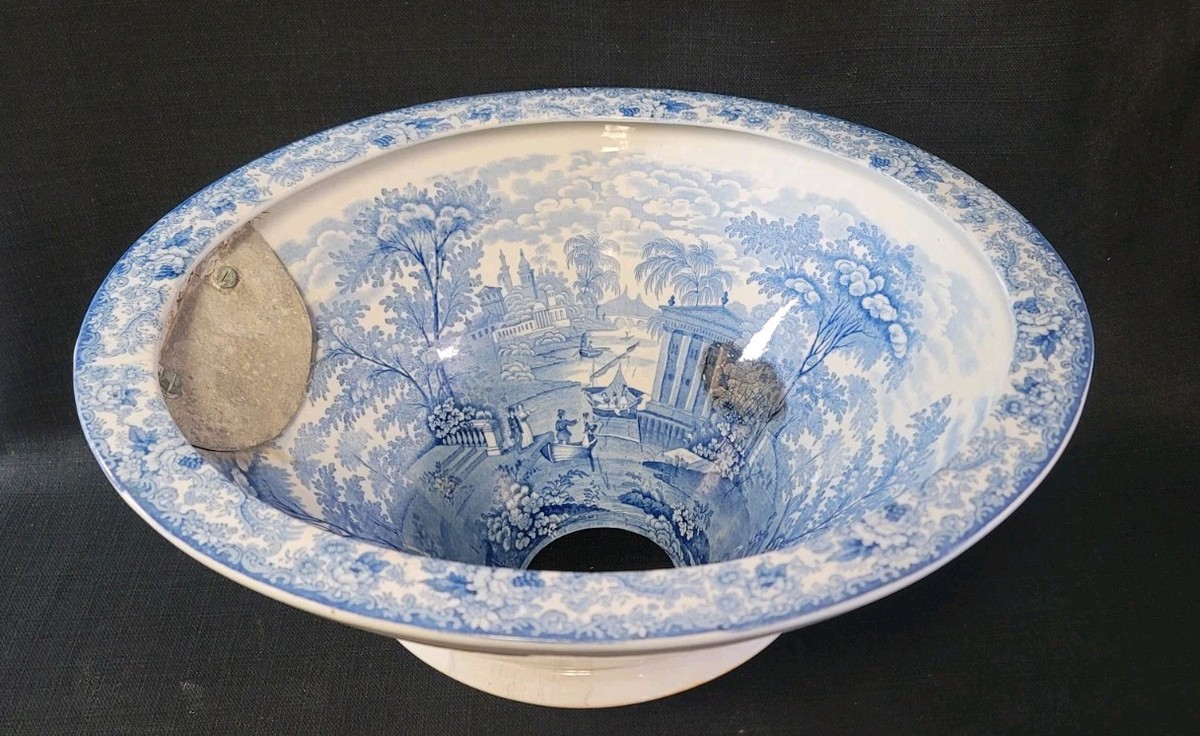 Antique Victorian Blue And White Porcelain Transferware Toilet