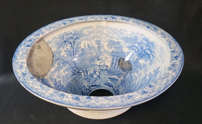 Antique Victorian Blue And White Porcelain Transferware Toilet