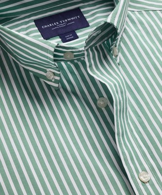 Charles Tyrwhitt Button-Down Stretch Washed Poplin Stripe Shirt   Green