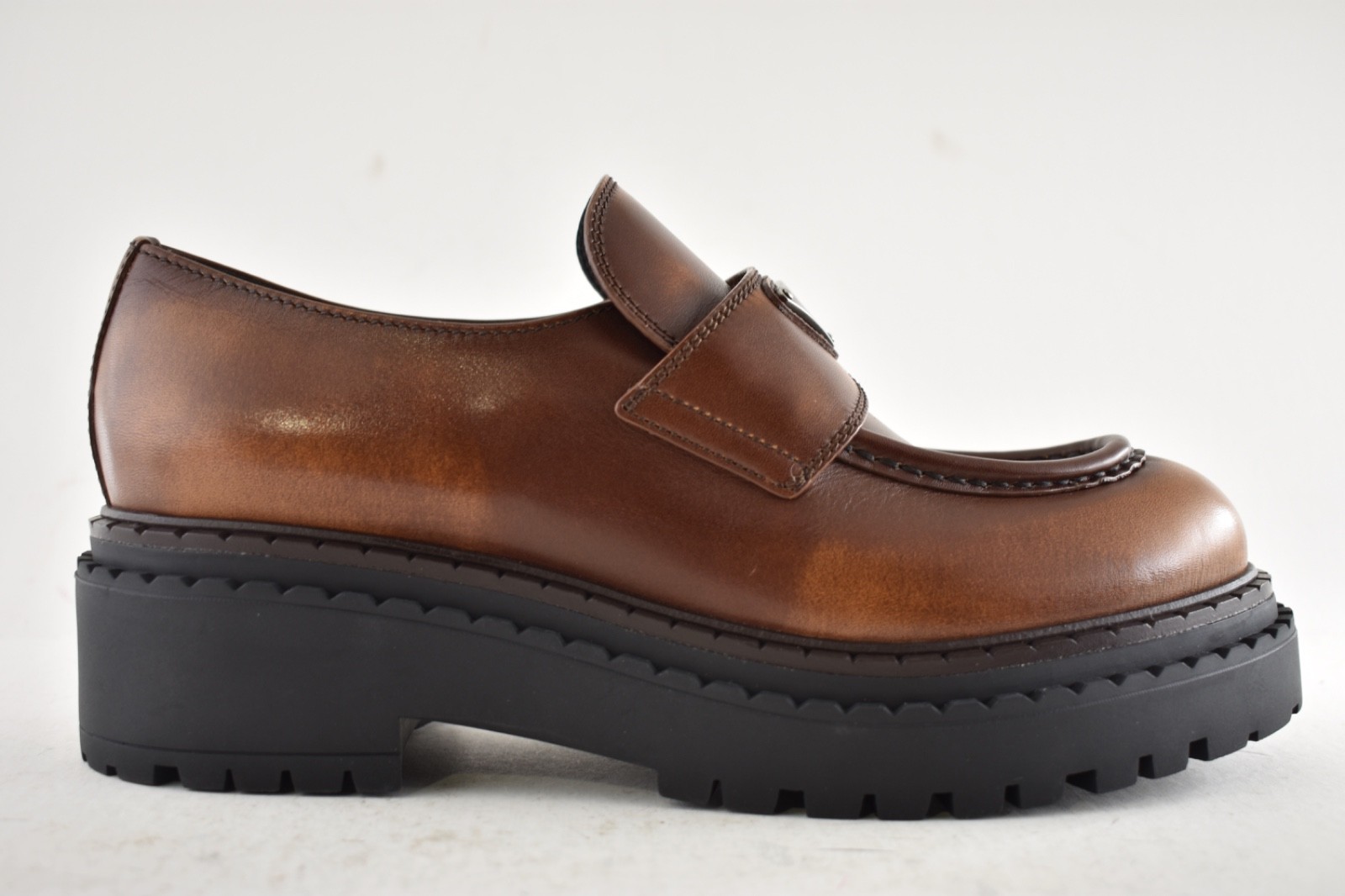 Prada Double Chocolate Cognac Brown Leather Platform Loafer Creeper Flat 37.5 image 2