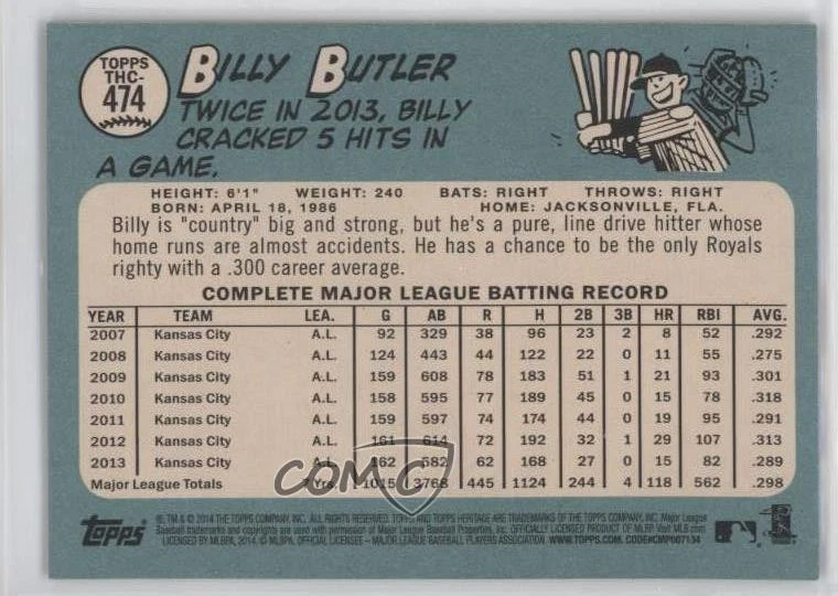 2014 Topps Heritage Black Border Billy Butler #THC-474 - Image 2 of 2