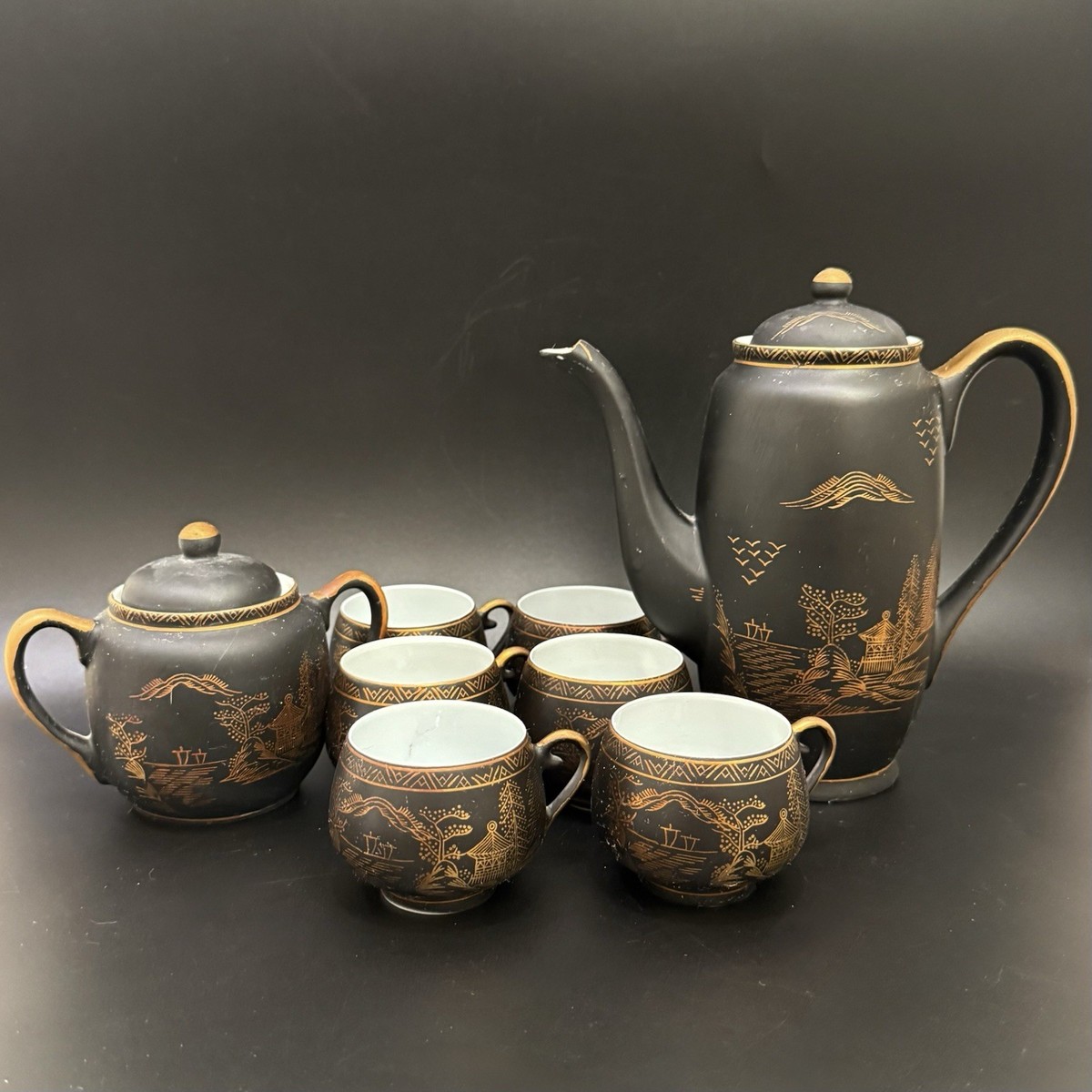 Vintage ANDREA by Sadek Matte Black/ Gold Porcelain Tea Set 6 Cups