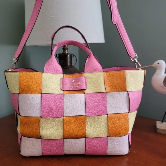 Bolso de Mano Kate Spade KG769 Cesta Tejido Rosa Naranja Blanco Cuero Cartera Foto 2 de 4