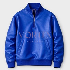 Men's Blue Premium Leather Hoodie Handmade Genuine Lambskin Leather Hoodie