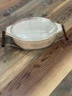 Pyrex 045 Beige Bramble Gold Scroll Oval Casserole Dish Lid Stand Cradle 2.5qt