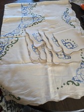 Juego de manteles y 8 servilletas vintage bordados a mano - azul/verde 64" X 48"