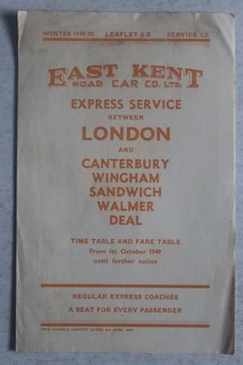 East Kent Road Car Reisebus Fahrplan 1949 London Canterbury Sandwich Deal