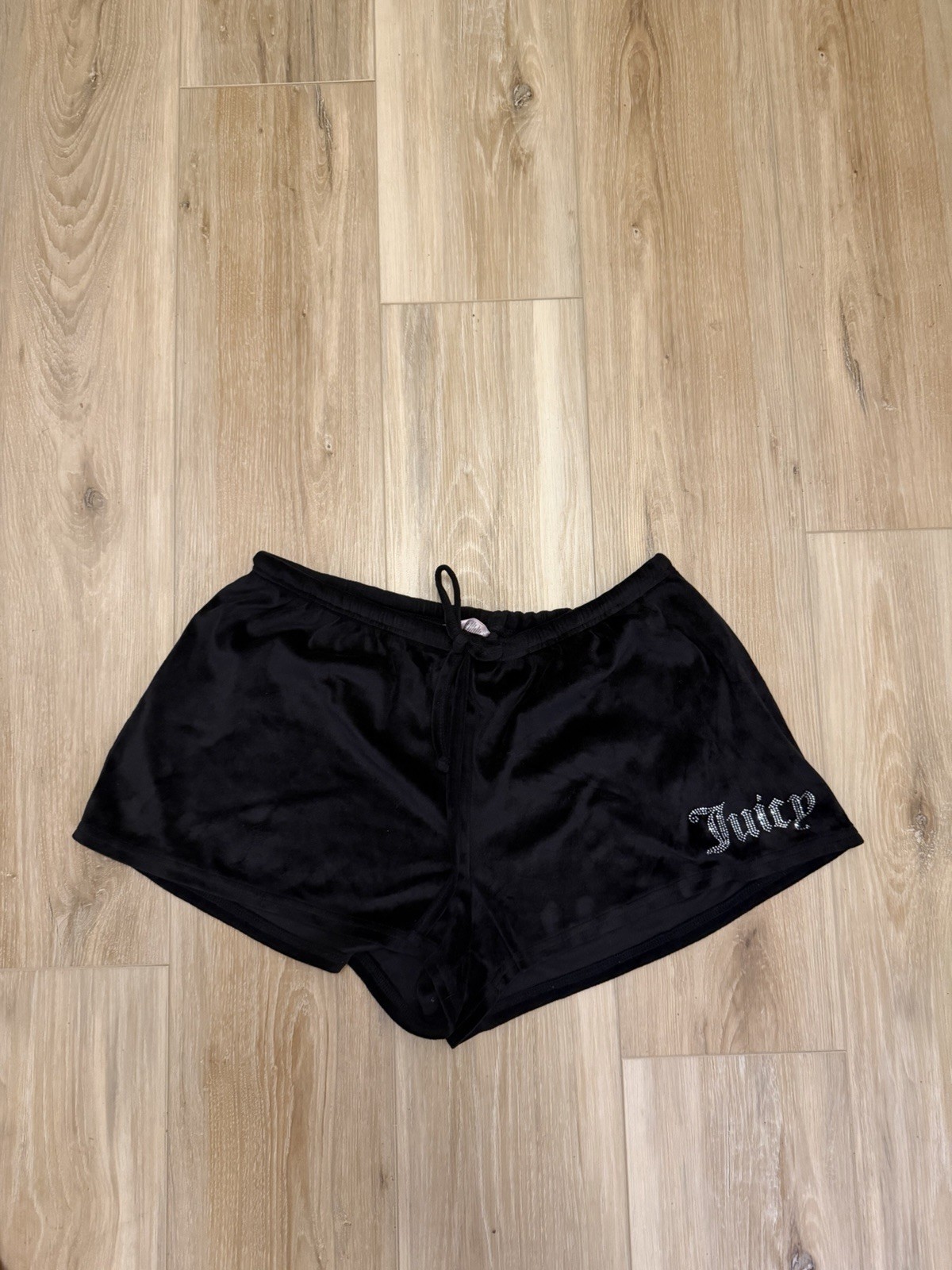 Y2K Juicy Couture Bling Rhinestone Logo Black Velour Track Shorts Women’s Large