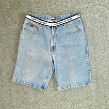 Tommy Hilfiger Jean Shorts Mens Size 36 Blue Spell Out Elastic Waist Vintage Y2K